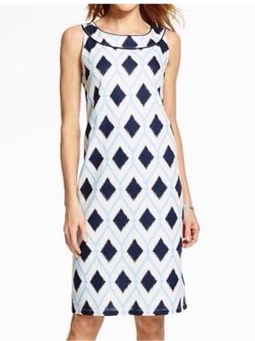 Talbots Jubilee Sleeveless Sheath Dress Linen Blend Blue Diamond Print Size 10